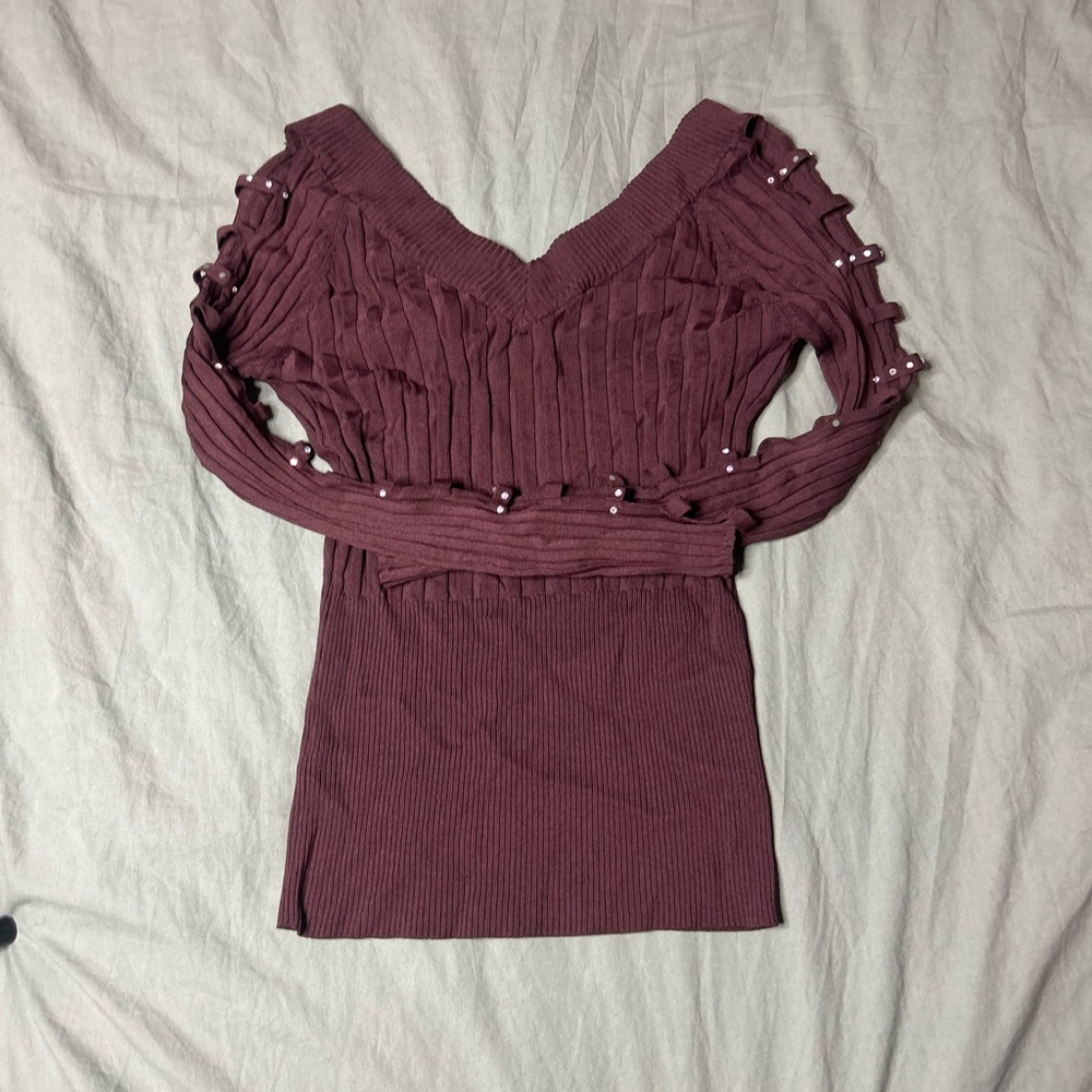 Burgundy Top with Arm Slits and Rhinestones